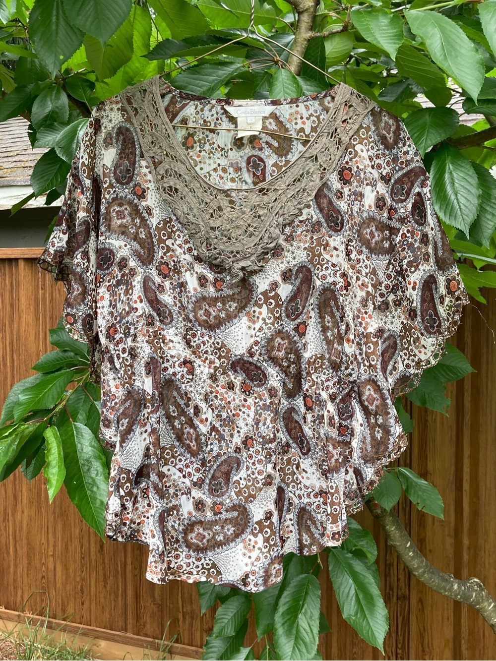 Brown Paisley Crochet-Trim Women's Top